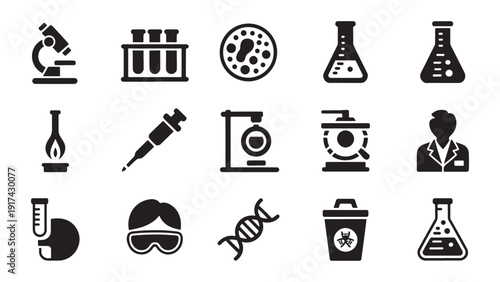 Medical laboratory science and research equipment icon set for healthcare technology applications pharmaceutical testing diagnostic analysis and scientific investigation user interface design
