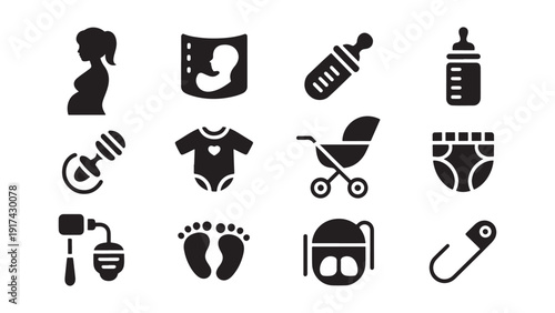 Baby care and childcare essentials icon set for parenting application design newborn infant nursery product catalog and pediatric healthcare service user interface development workflow