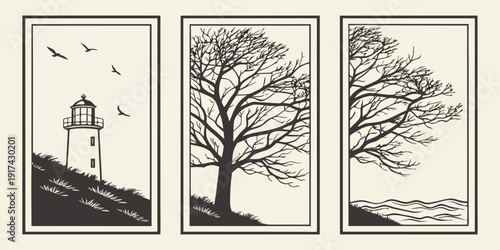 A serene triptych of a lighthouse, a tree, and a landscape under the moonlight