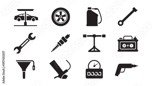 Automotive repair and maintenance tools icon set for mechanic service applications vehicle workshop equipment garage operations and professional car care industry user interface design workflow