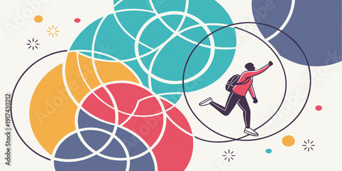 A vibrant illustration of a person jumping into a colorful interconnected world