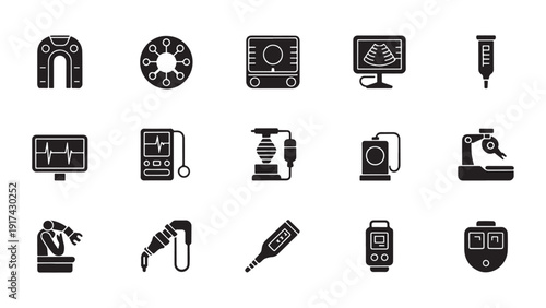 Scientific measurement and monitoring equipment icon set for laboratory research applications industrial testing instrumentation and technical analysis user interface design development workflow