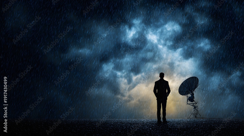Fototapeta premium Lone Figure Amidst the Storm: A silhouette of a solitary figure stands gazing towards a stormy sky, next to a large satellite dish, set against a backdrop of brooding clouds.