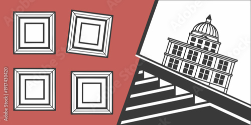 A white building with a dome and columns stands on a staircase, with four white squares on a red background.