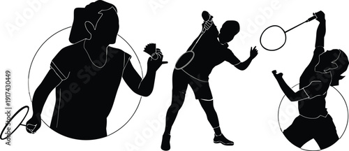 Badminton silhouettes, sports action, racket play, shuttlecock serve, smash shot, athletic movement, dynamic design, fitness vector, competition clipart, recreation icon