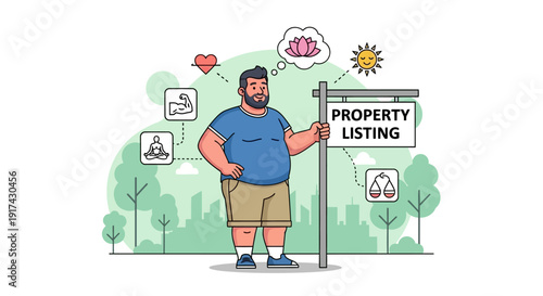 Man standing with property listing sign with icons of lifestyle choices