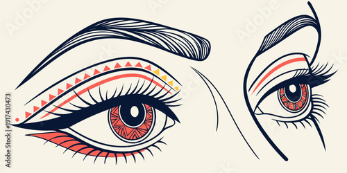 A close up of a pair of eyes with intricate eyeliner designs and vibrant red color.