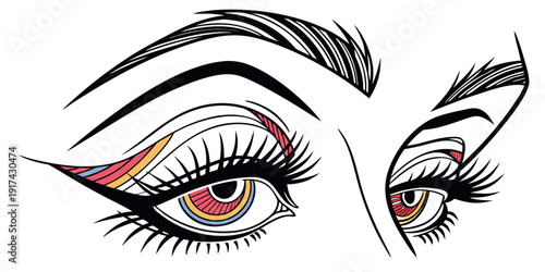 A detailed illustration of a pair of eyes with intricate eyelashes and eyebrows