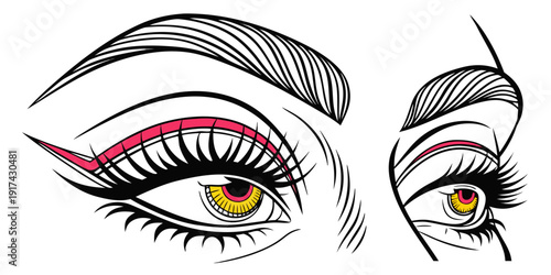 A detailed illustration of a woman's eye with various eyeliner styles