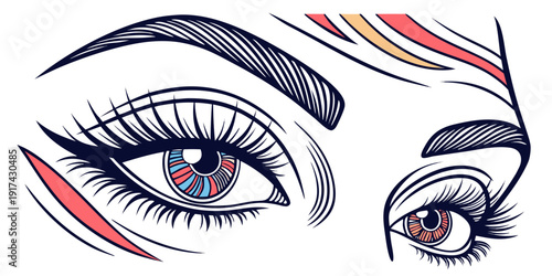 A close-up illustration of a woman's eyes with vibrant, colorful makeup designs