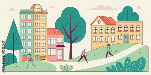 A vibrant and lively neighborhood with colorful houses and lush green trees