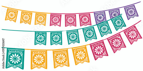 Colorful paper flags strung together in a festive display