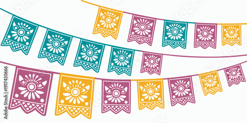 Colorful paper flags strung together in a festive arrangement