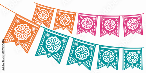 Colorful triangular flags hanging in a festive arrangement