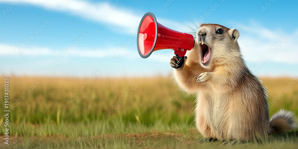 Fototapeta premium Cute funny squirrel holding a red megaphone shouting loudly in a grassy field under blue sky