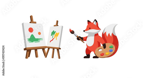Fox holding paintbrush and painting.