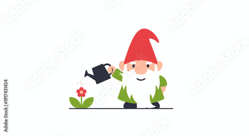 Gardening Gnome Watering Flowering Plant Illustration.