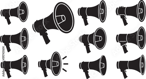 Megaphones in Various Positions on White Background Illustration