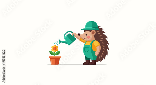Hedgehog watering a small flower plant.