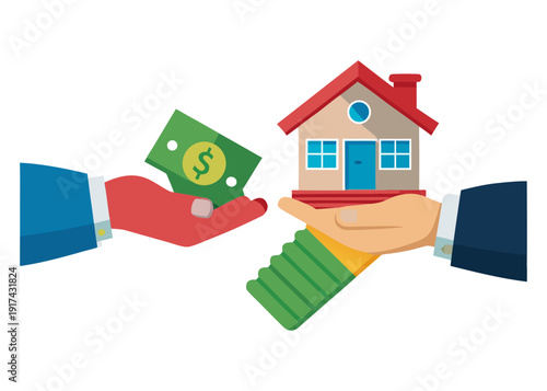 Hands exchanging money and house keys in a real estate transaction Vector