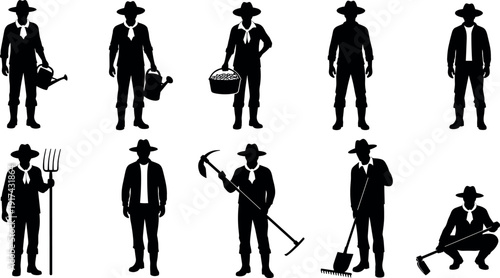 Set of Ten Farmer Silhouettes Holding Agricultural Tools Like Pitchforks Shovels and Watering Cans in Black and White Vector Style