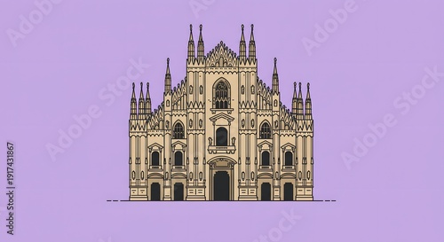 Simplified illustration of a grand European cathedral against a solid, pastel purple backdrop