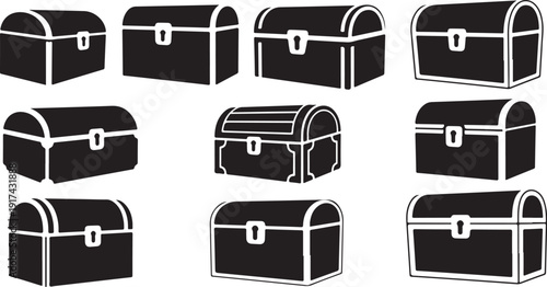 Collection of black treasure chests in various positions isolated