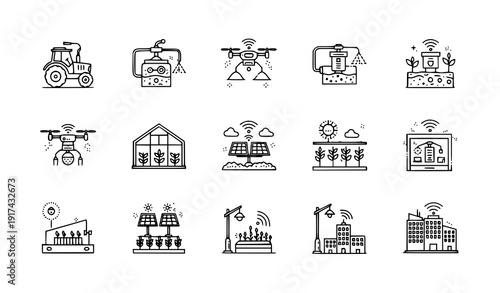 Smart farming and urban technology icons agriculture innovation city vector set