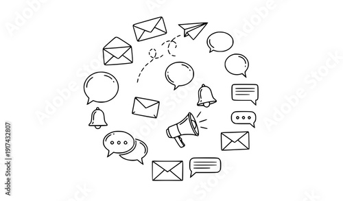 Hand-drawn communication symbols circular sketch vector icon pack