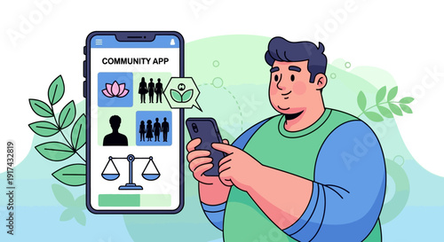 Community app on phone with user and nature elements