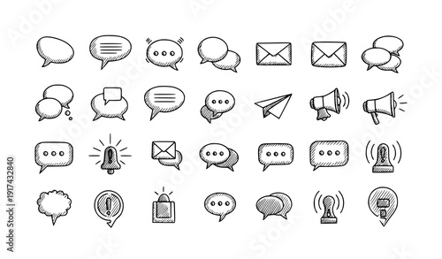 Hand-drawn communication icons speech bubbles envelopes paper planes vector set