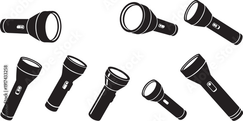 Collection of flashlights in various positions and angles shown