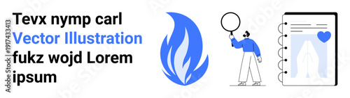 Minimalistic flame, researcher analyzing with magnifier, and planner with a heart. Ideal for concepts thumbs up energy, focus, self-improvement, values, inquiry, discovery journaling and a simple