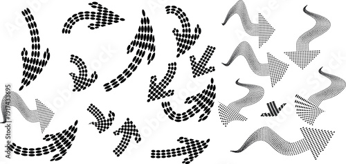 A collection of abstract black and white shapes with checkered patterns on a plain white background creating a visually striking contrast