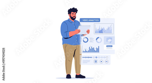 Man analyzing data on futuristic dashboard with charts and graphs