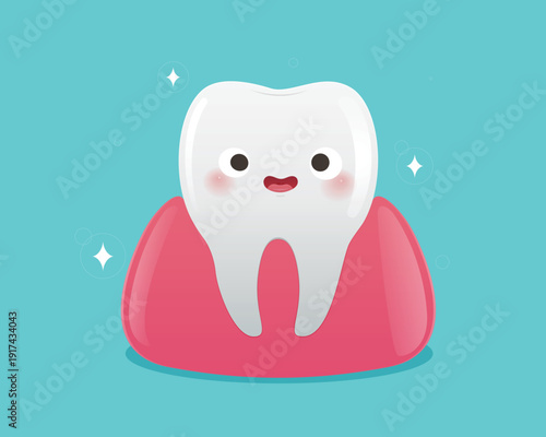 Cartoon white tooth smiling with clean enamel and healthy gums, symbolizing good oral hygiene, dental care, confidence, and positive healthcare results.