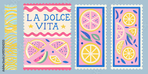 Colorful postage stamps featuring citrus fruit and the phrase la dolce vita