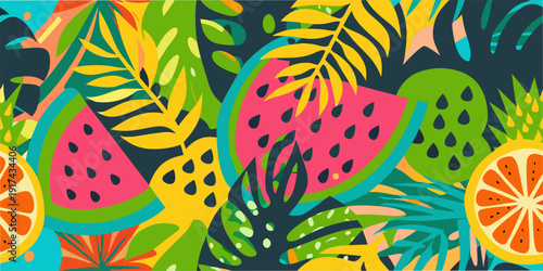 A vibrant colorful pattern of tropical fruits and lush foliage