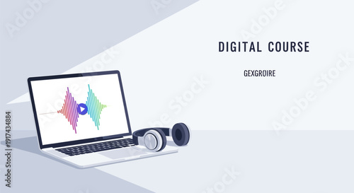 Laptop with headphones for online learning and digital courses