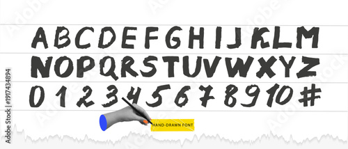 Hand drawn alphabet font set, horizontal format. Black brush style uppercase letters, numbers and symbol on lined paper background. Rough ink typography vector illustration for poster, branding.