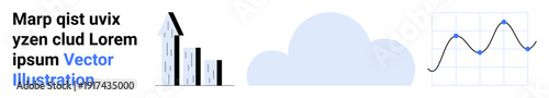 Business analysis, cloud computing, data trends, growth forecasting, financial planning, statistics. Image includes a bar chart, a cloud shape and a line graph. Business analysis and data trends