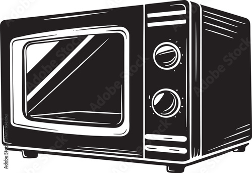 Black and white graphic illustration of a vintage microwave oven with two control knobs retro kitchen appliance