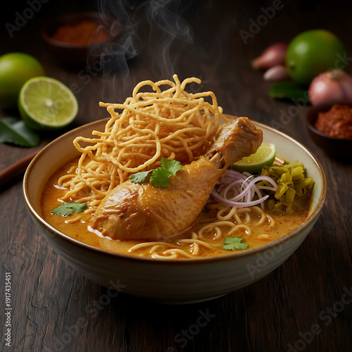 Khao Soi Chicken in Premium Bowl – Northern Thai Curry Noodles Close Up