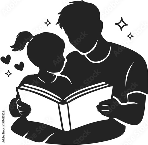 Father and daughter reading book silhouette. Family education and storytelling time icon
