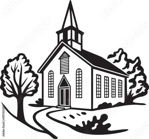 Black and white illustration of a church building with a steeple and trees architecture religion