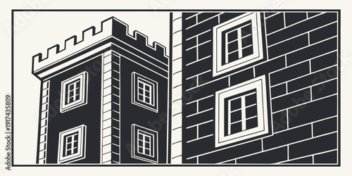 A detailed illustration of a historic building with intricate architectural features.