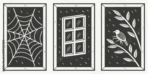 Three distinct black and white illustrations on a dark background