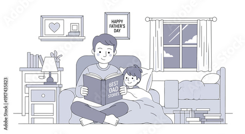 Father reading book to child in cozy bedroom at night