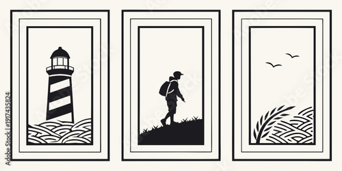 Three black and white illustrations depicting a lighthouse, a hiker, and a seascape