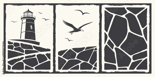 Lighthouse guiding a bird over a rocky coastline at sunset